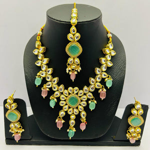 Gold Tone Stone Necklace With Earring & Mangtika Set