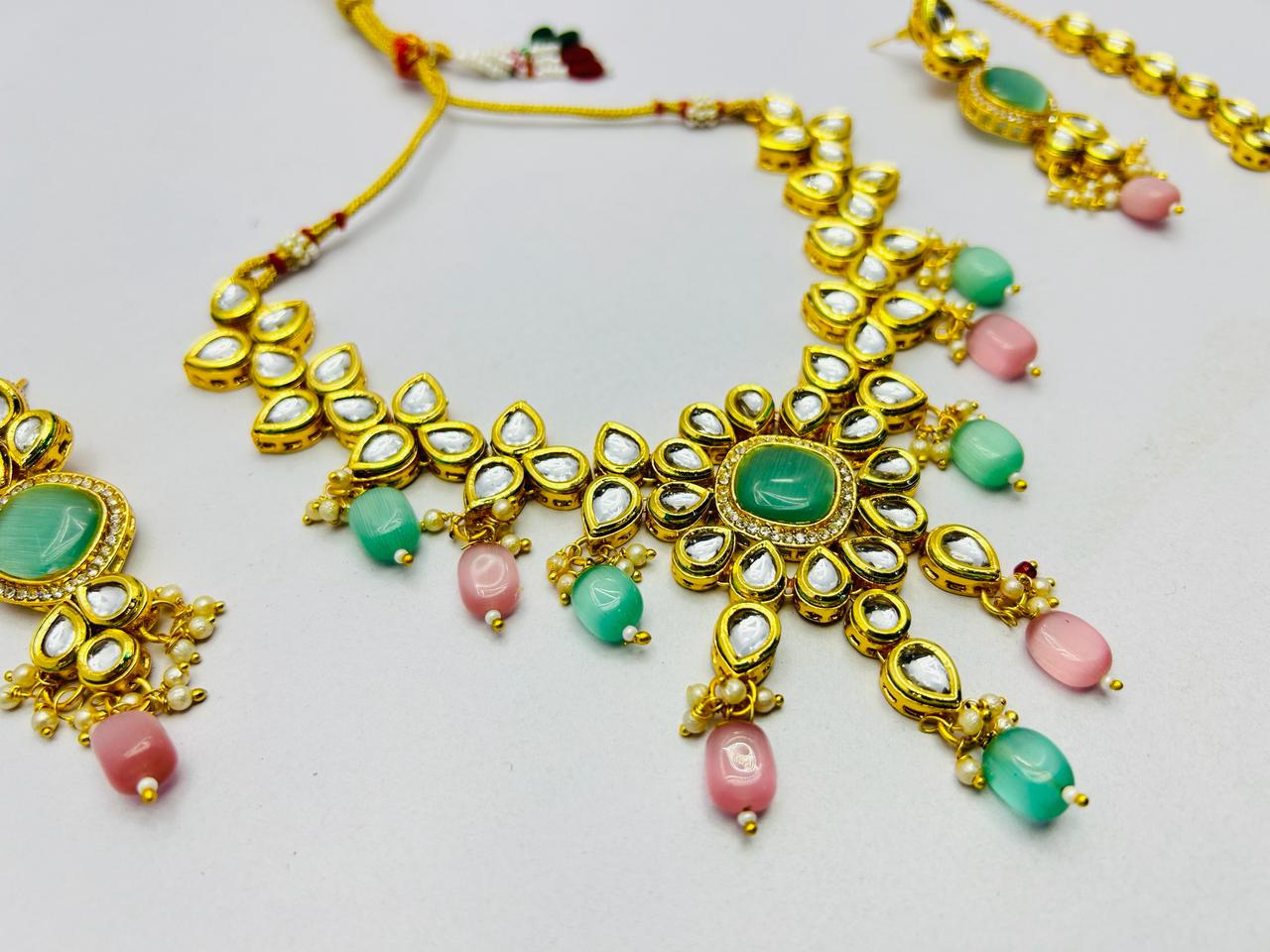 Gold Tone Stone Necklace With Earring & Mangtika Set