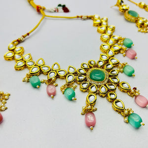 Gold Tone Stone Necklace With Earring & Mangtika Set