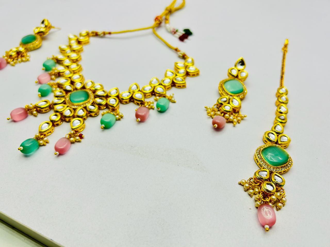 Gold Tone Stone Necklace With Earring & Mangtika Set