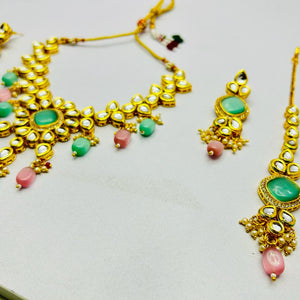 Gold Tone Stone Necklace With Earring & Mangtika Set