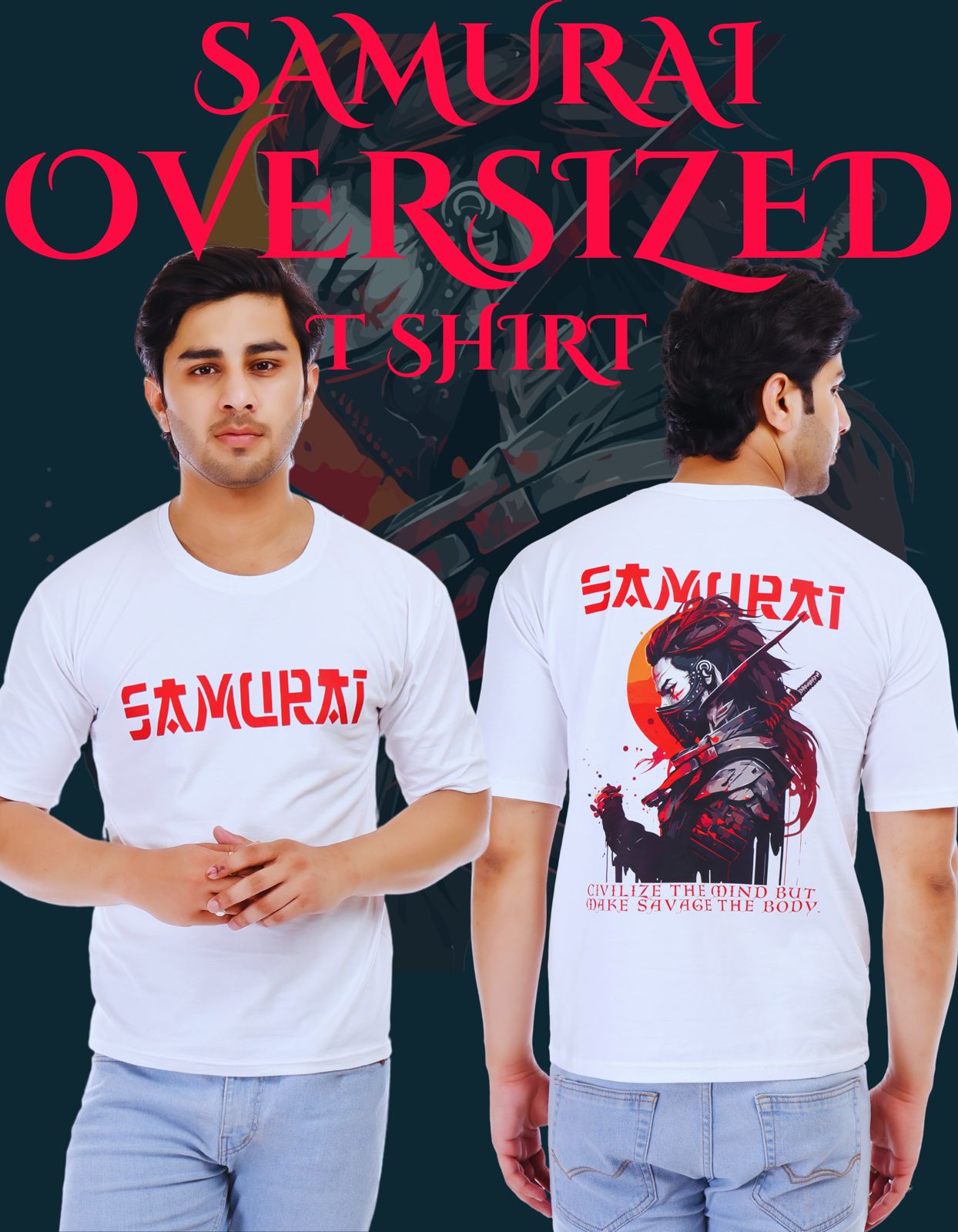 Men's Samurai Printed Oversized Round Neck T-shirt